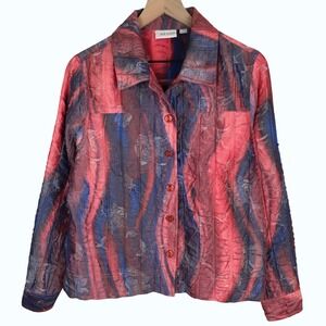 ERIN LONDON Abstract Tie Dye Crinkle Textured Jacket Sz M Red Blue Artsy Button